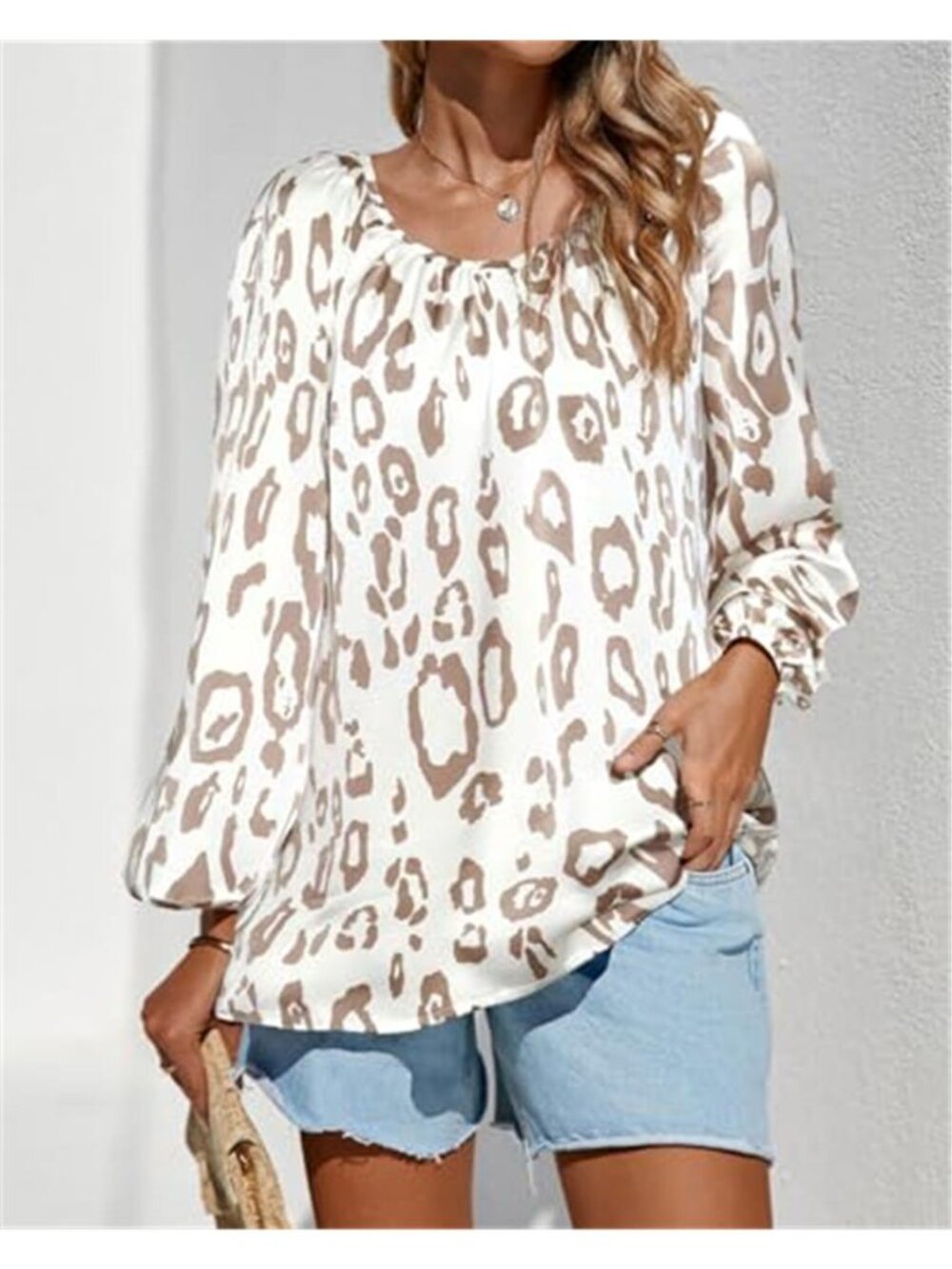 Women's Leopard Print Satin Blouse V Neck Long Sleeve Boho Dressy Casual Top - Picture 2 of 6